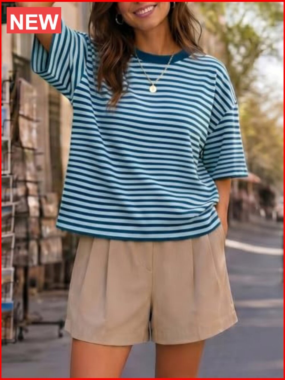 Oversized Striped Drop Shoulder Tee - Color Block Short Sleeve Crewneck Y2K Top - Picture 5 of 6